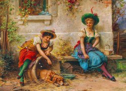 Kobiety i pies na obrazie austriackiego malarza Hansa Zatzka