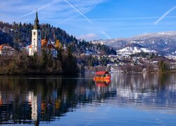 Góry, Alpy Julijskie, Kościół Zwiastowania Marii Panny, Łódka, Jezioro, Lake Bled, Słowenia