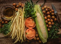 Warzywa, Fasolka, Pomidory, Kolba, Kukurydza, Nóż, Szklaneczka