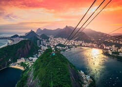 Brazylia, Rio de Janeiro, Góry, Morze, Miasto, Z lotu ptaka, Kolejka linowa, Wieżowce, Zachód słońca