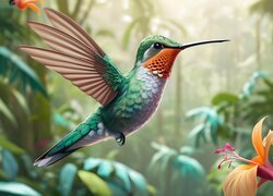 Koliber, Kolorowy, Ptak, Kwiaty, Grafika