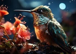 Koliber obok rozświetlonych kwiatów