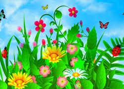 Kolorowa grafika z kwiatami i motylkami