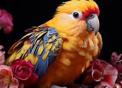 Kolorowa papuga i kwiaty na czarnym tle