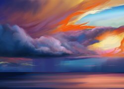 Morze, Kolorowe, Chmury, Zachód słońca, Grafika