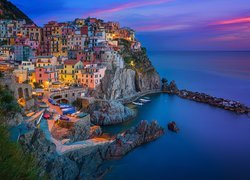 Włochy, Gmina Riomaggiore, Miejscowość Manarola, Morze Liguryjskie, Cinque Terre, Kolorowe, Domy, Skały
