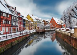 Zima, Domy, Rzeka, La Lauch River, Colmar, Francja