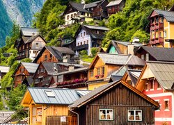 Austria, Hallstatt, Domy, Góry, Drzewa