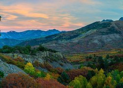 Jesień, Góry, San Juan Mountains, Dolina, Skały, Drzewa, Lasy, Kolorowe, Krzewy, Telluride, Kolorado, Stany Zjednoczone