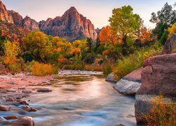 Park Narodowy Zion, Góry Watchman, Rzeka, Virgin River, Kamienie, Drzewa, Jesień, Stan Utah, Stany Zjednoczone