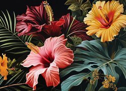 Grafika, Kwiaty, Liście, Hibiskusy