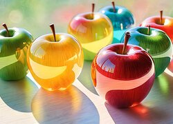 Grafika z kolorowymi szklistymi jabłkami
