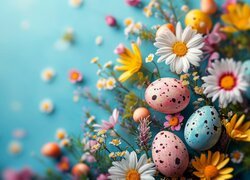 Kolorowe jajka na kwiatach