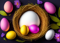 Kolorowe jajka w gniazdku i obok