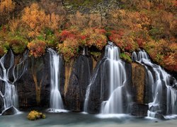 Jesień, Skały, Wodospad Hraunfossar, Roślinność, Islandia