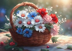 Kolorowe kwiatuszki w wiklinowym koszyku