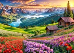 Kolorowe kwiaty i drewniane domki na wzgórzu nad jeziorem w górach