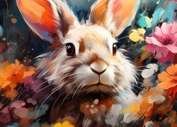 Kolorowe kwiaty i królik w malarstwie