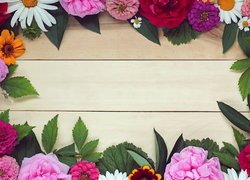 Kolorowe kwiaty i liście na deskach