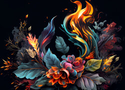 Kwiaty, Liście, Ogień, Czarne tło, Grafika