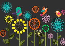 Kolorowe kwiaty i ptaki w grafice 2D