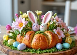 Kolorowe kwiaty na chlebie i pisanki obok