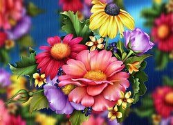 Kolorowe kwiaty na rozmytym tle w 2D