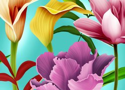Kolorowe kwiaty na turkusowym tle w 2D