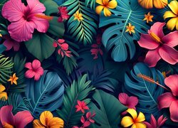 Hibiskus, Plumeria, Kwiaty, Liście, Monstera, Grafika