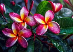 Kolorowe kwiaty plumerii z kroplami wody