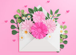Kolorowe kwiaty w białej kopercie na różowym tle w 2D