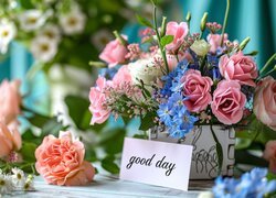 Kwiaty, Bukiet, Wazon, Napis, Good day
