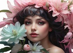 Kolorowe kwiaty wokół twarzy kobiety