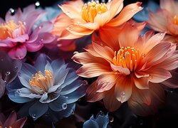 Kolorowe kwiaty z kropelkami wody