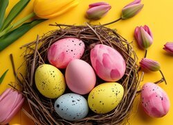 Kolorowe, Pisanki, Gniazdo, Różowe, Tulipany, Żółte, Tło