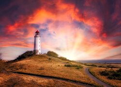 Latarnia morska, Dornbusch Lighthouse, Zachód słońca, Chmury, Hiddensee, Niemcy