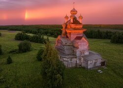 Cerkiew, Łąka, Drzewa, Rosja, Obwód archangielski, Żerebcowa Góra