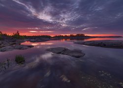Rosja, Jezioro Ładoga, Zachód słońca, Wysepki, Skały