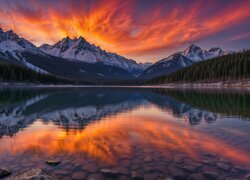 Kolorowe niebo zachodzącego słońca nad górami i jeziorem