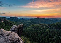 Zachód słońca, Góry, Skały, Las, Park Narodowy Saskiej Szwajcarii, Niemcy