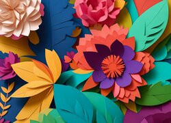 Kolorowe papierowe kwiaty i liście