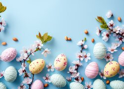 Kolorowe pisanki i gałązki z białymi kwiatami na niebieskim tle