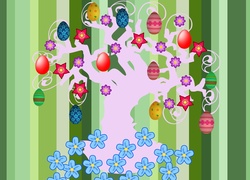 Kolorowe pisanki i kwiatki na drzewie w wielkanocnej grafice 2D