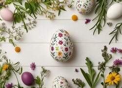 Wielkanoc, Kolorowe, Pisanki, Kwiaty, Deski, Białe, Tło