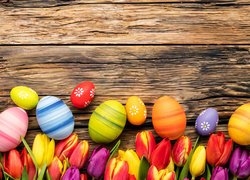 Wielkanoc, Kolorowe, Pisanki, Kwiaty, Tulipany, Deski