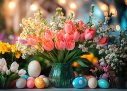 Bukiet kwiatów, Tulipany, Wazon, Pisanki, Wielkanoc
