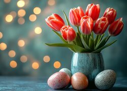 Tulipany, Niebieski, Wazon, Kolorowe, Pisanki