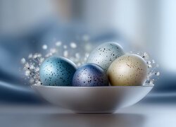 Kolorowe pisanki w kropki i białe kwiatki w misce