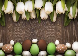 Wielkanoc, Białe, Tulipany, Pisanki, Deski