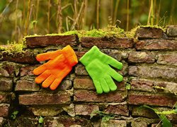 Kolorowe rękawiczki na murze